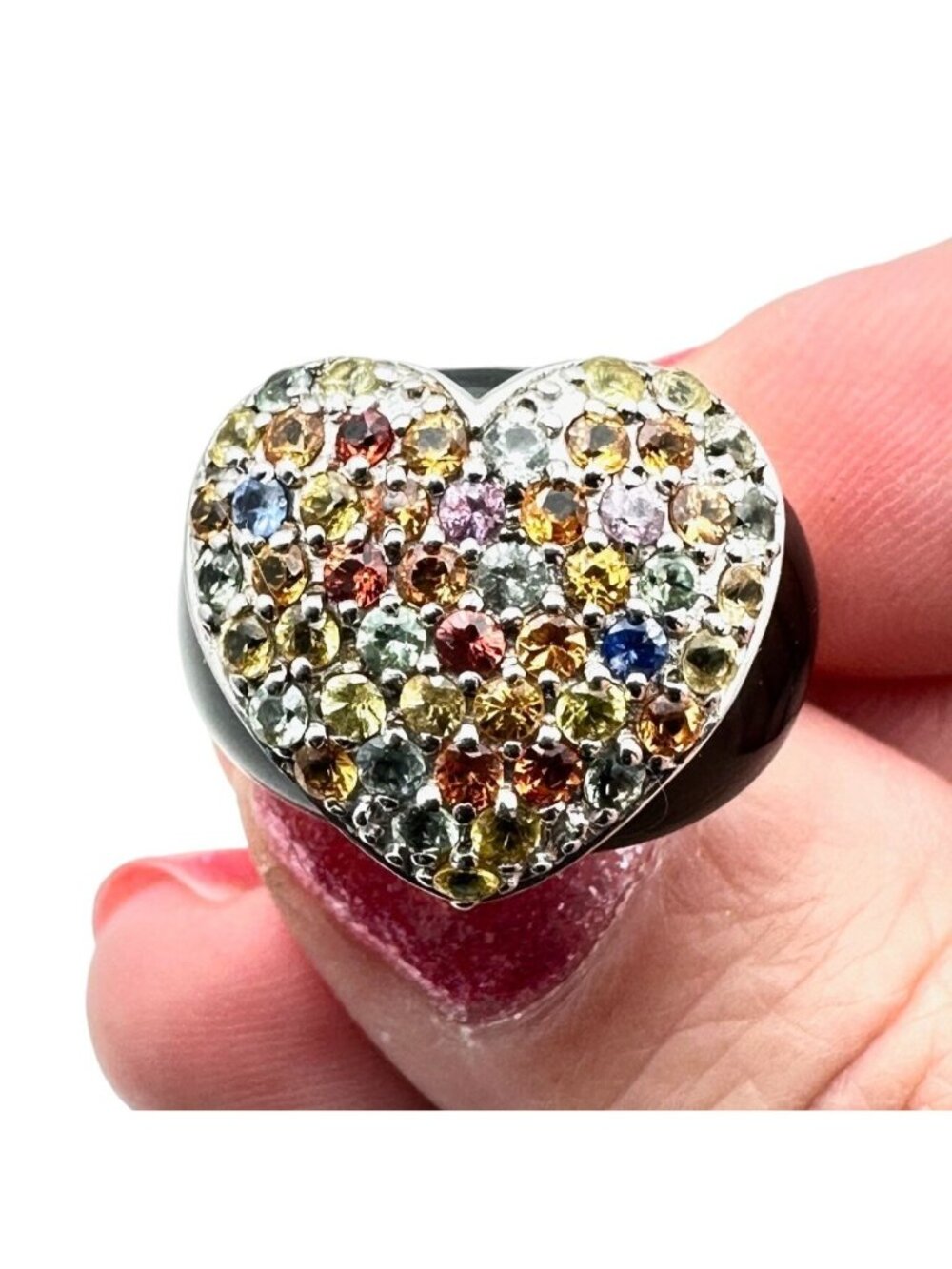 Sterling Silver Womens Ring Multicolor Tourmaline Heart Black Enamel Size 6